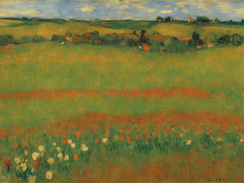 Image similar to an impressionist landscape depicting a field of tulips and rolling hills by ramon casas, edgar degas and van gogh