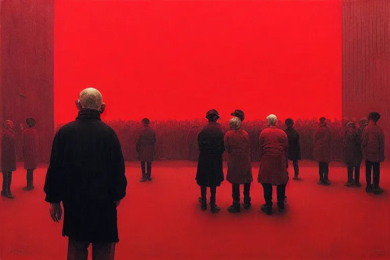 Image similar to only with red, a red old man try to sell a portrait, in a square, crowd goes crazy, in the style of beksinski, parts by edward hopper, parts by rodcenko, parts by yue minjun, intricate and epic composition, red by caravaggio, insanely quality, highly detailed, masterpiece, red light, artstation, 4 k