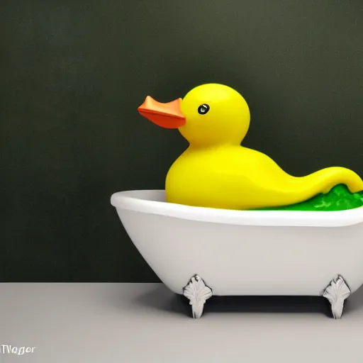 Image similar to rubber duck made of green slime melting on a bathroom, octane render, unreal engine, excellent composition, trending on artstation, million of likes