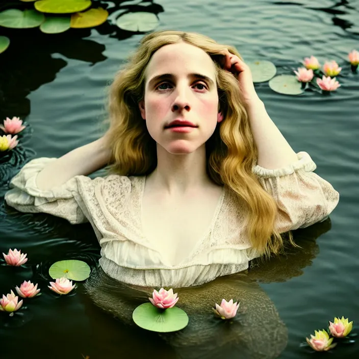 Image similar to Kodak Portra 400, 8K, soft light, volumetric lighting, highly detailed, brit marling style 3/4 ,view from above of close-up portrait photo of a beautiful woman how pre-Raphaelites painter, to float on one's back, part of the face is emerging of a pond with water lilies, she has a beautiful lace dress and hair are intricate with highly detailed realistic beautiful flowers , Realistic, Refined, Highly Detailed, natural outdoor soft pastel lighting colors scheme, outdoor fine art photography, Hyper realistic, photo realistic,warm lighting,