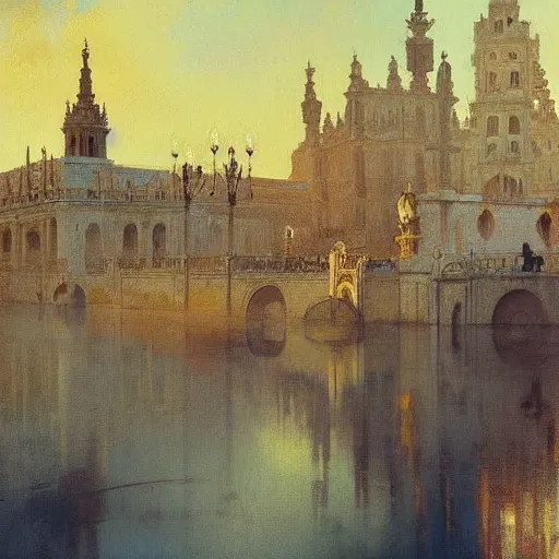 Image similar to sevilla city of spain, reflexions, verry high details by william turner art, greg rutkowski and alphonse mucha, trending on artstation, very very detailed, masterpiece,