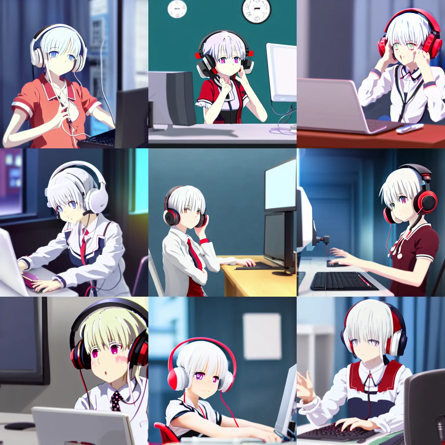 Prompt: white haired red eyed young cute girl wearing headset playing computer game kyoto animation style