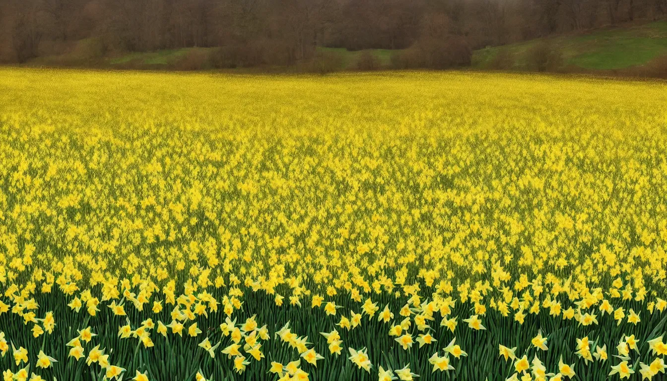 Prompt: i wandered lonely as a cloud that floats on high o'er vales and hills, when all at once i saw a crowd, a host, of golden daffodils ; beside the lake, beneath the trees, fluttering and dancing in the breeze