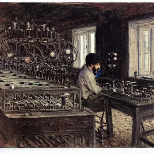 Prompt: a young man with brown hair and short beard building a robot in his lab in berlin by monet