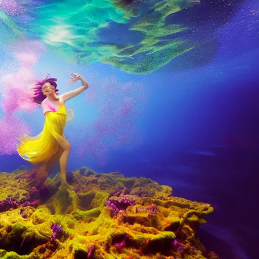 Image similar to woman dancing underwater wearing a flowing dress made of blue, magenta, and yellow seaweed, delicate coral sea bottom, swirling silver fish, swirling smoke shapes, cycles render, caustics lighting from above, cinematic, hyperdetailed