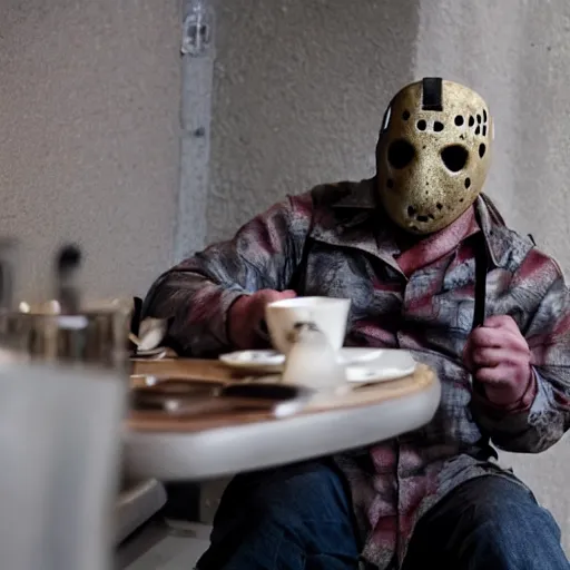 Image similar to photograph of jason voorhees having a coffee at an european caffé