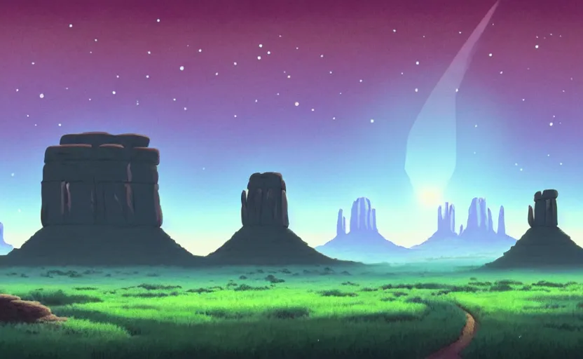 Prompt: a cell - shaded studio ghibli concept art of a ufo shining a spotlight on a lush temple that looks like monument valley stonehenge jungle on a misty starry night. very dull colors, hd, 4 k, hq