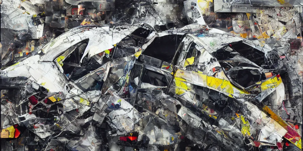 Image similar to car crash test, collage paper and tape, acrylic on canvas, hyperrealism mixed with expressionism, high resolution, cinematic, unreal 6 breathtaking detailed, by blake neubert