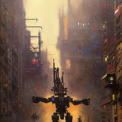 Image similar to six meters tall mech fighting in an urban environment, highly detailed painting by gaston bussiere craig mullins jc leyendecker gustav klimt artgerm greg rutkowski john berkey, bergey, craig mullins, ruan jia, raymond swanland, jeremy mann, tom lovell, alex malveda