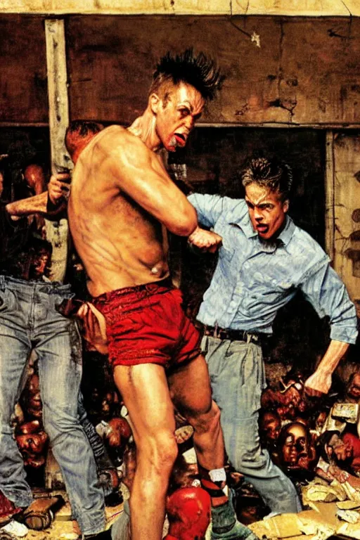 Prompt: Tyler Durden fighting in a basement painted by Norman Rockwell