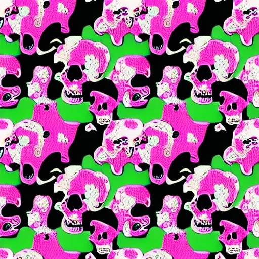 Image similar to seamless tileable pattern of black skulls and pink horses jacquard