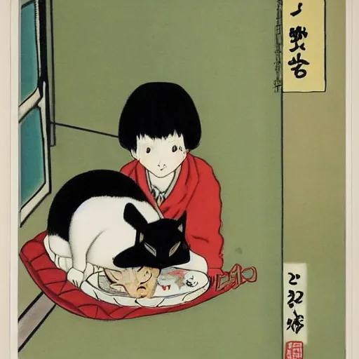 Image similar to the first ever interaction between a cat an human by tsuguharu foujita