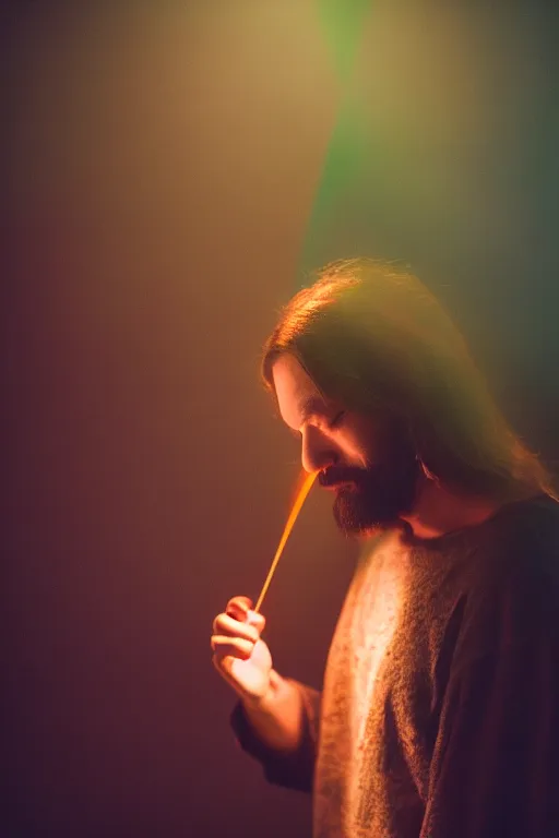 Image similar to studio photo of jesus smoking weed, colorful lighting, bokeh, 3 5 mm, dramatic ligting,