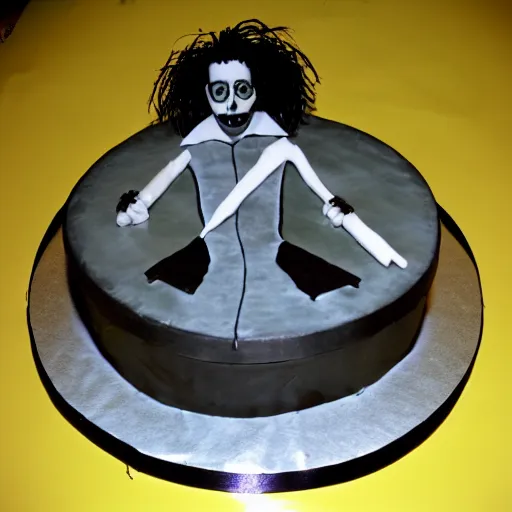 Prompt: cake in the shape of Edward Scissorhands, photo 1999