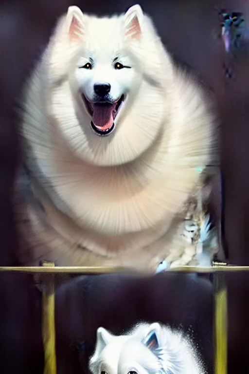 Image similar to pet samoyed with equipment, portrait by anna podedworna and greg rutkowski