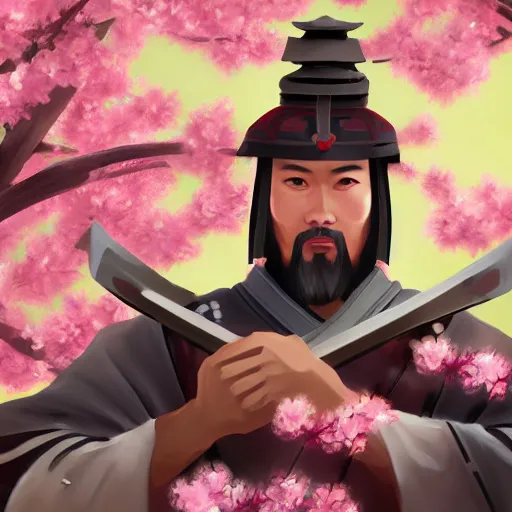 Prompt: A samurai warrior in cherry blossoms, wide angle, symmetrical, digital painting, sharp focus, sword, intense stare, fantasy, character design, game art, artstation, pixiv, 3D, by Ekaterina Savic and Barret Frymire