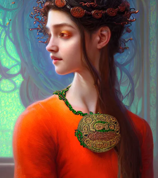 Prompt: portrait of teenage medusa, snake hair, naughty smile, wearing an embroidered orange tunic, intricate, elegant, copper and emerald jewelry, glowing lights, seductive. highly detailed, digital painting, artstation, concept art, smooth, sharp focus, illustration, art by wlop, sensual, mucha, artgerm, and greg rutkowski