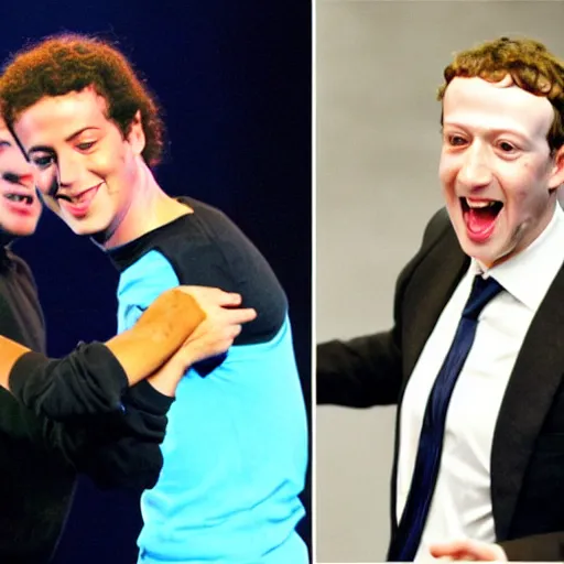 Prompt: michael jackson and mark zuckerberg dancing