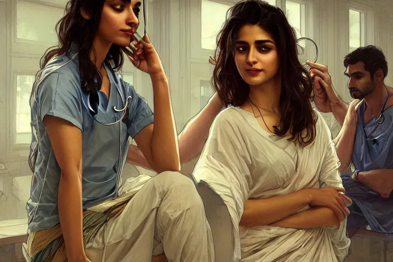 Image similar to Anxious good looking pale young Indian doctors wearing jeans inside a hospital, portrait, elegant, intricate, digital painting, artstation, concept art, smooth, sharp focus, illustration, art by artgerm and greg rutkowski and alphonse mucha