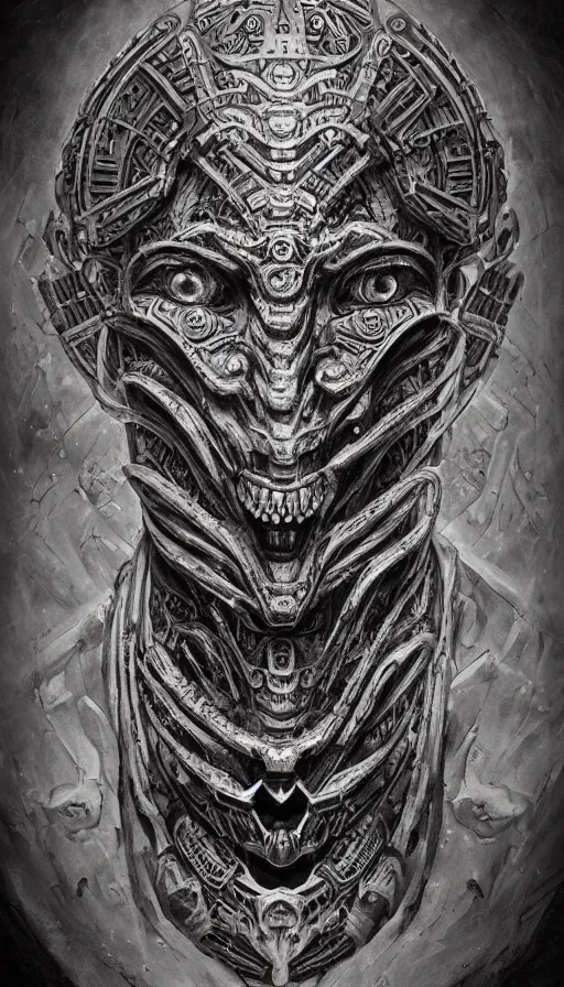 Image similar to ancient biomechanical hybrid aztec fantasy beautiful cyber warrior symmetrical human face immortal mask tattoo pattern concept, teonanacatl glyph, intricate artwork by, Johnatan Wayshak, Zdizslaw Beksinski, face by Artgerm, H.R. Giger, very coherent artwork, cinematic, hyper realism, high detail, octane render, unreal engine, 8k, High contrast, higly detailed black ink outline, crosshatch sketch gradient