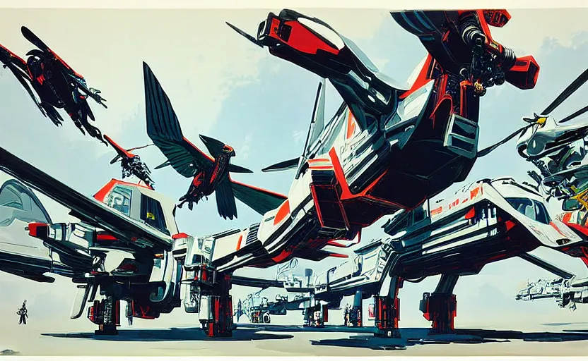 Image similar to way too many giant robot birds, art by syd mead, extremely detailed, high quality,