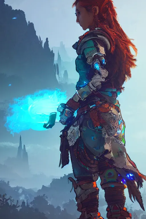 Image similar to combination suit armor aloy horizon forbidden west horizon zero dawn radiating a glowing aura global illumination ray tracing hdr fanart arstation by ian pesty and alena aenami artworks in 4 k tribal robot ninja mask helmet backpack