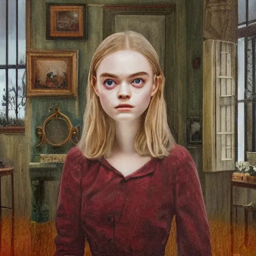 Prompt: pop-surrealism portrait painting of Elle Fanning in a flooded house interior, extremely detailed masterpiece,