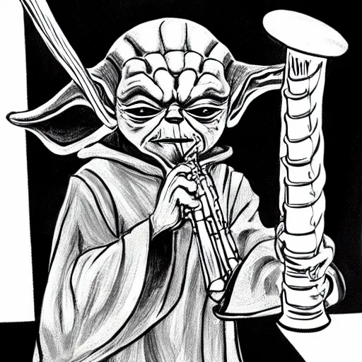 Image similar to Ink illustration Yoda playing the shofar, high contrast, trending on artstation