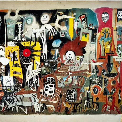 Image similar to hieronymus bosch garden of earthly delights reinterpreted by basquiat
