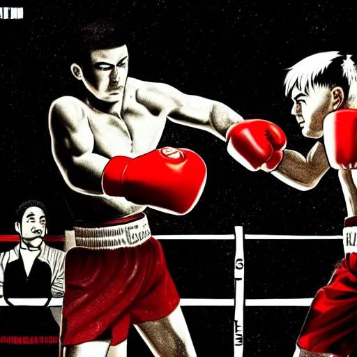 Prompt: a boxing match, manga panel, masterpiece, by joji morikawa, 4 k wallpaper, realistic anatomy
