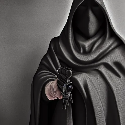 Image similar to a figure shrouded in a dark cloak holds out one hand with a large handgun, photorealistic, sharp details, 4 k, fantasy