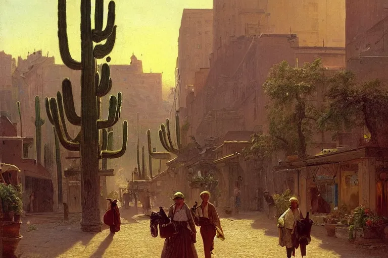 Prompt: cactus-lined street at dawn in a very beautiful Wild west city in summer by Ludwig Deutsch and Rudolf Ernst, colorful architecture, strong dramatic cinematic lighting, lost civilizations, smooth, sharp focus, extremely detailed