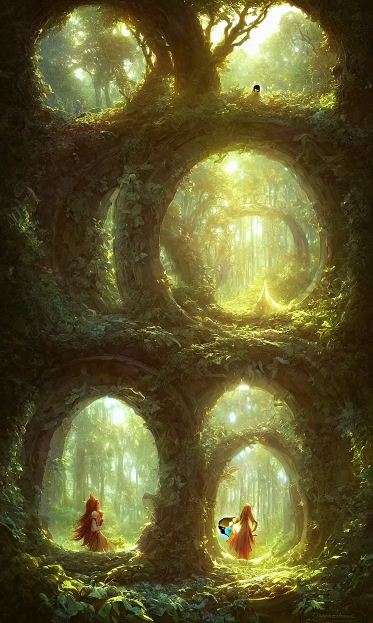 Image similar to Fantasy Magical fairy-tale portal in the forest. Round stone portal teleport in trees to other worlds. Fantastic landscape. Magic Altar in the fores, highly detailed, digital painting, artstation, concept art, smooth, sharp focus, illustration, art by artgerm and greg rutkowski and alphonse mucha