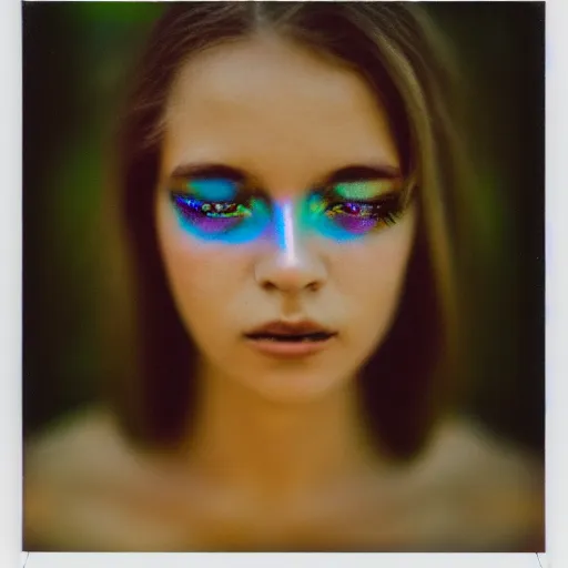 Image similar to grainy color polaroid of a beautiful alien, feminine, iridescent eyes, intricate detail, sigma 85mm f/1.4, 4k