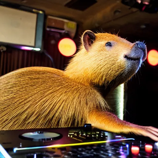 Image similar to Capybara DJing at a club, HD photograph, award-winning