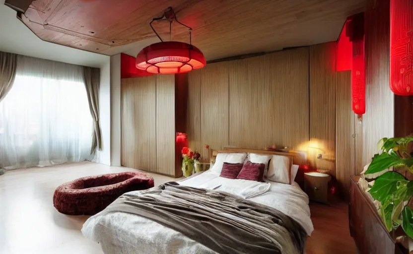 Image similar to a retro futuristic bedroom, chinese style, bright, feng shui, earth colors, wood, plants, cupboards, bed, curtains, minimalistic, art nouveau