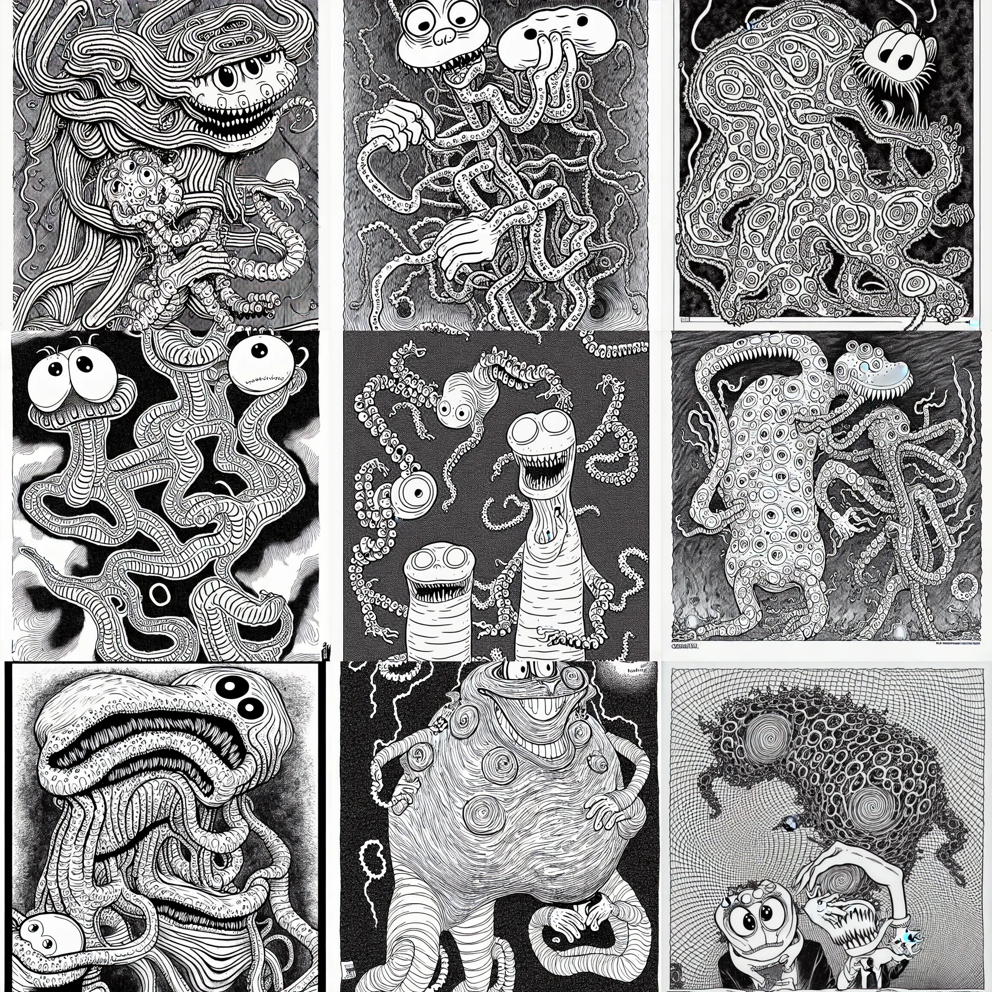 Image similar to Garfield as an eldritch abomination, illustrated by Junji Ito, Lovecraftian, line art