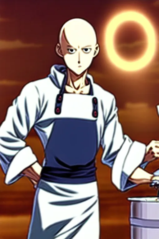 Image similar to chef saitama one punch man, dressed as a pastry chef, focused at making a cake, beautiful anime artwork