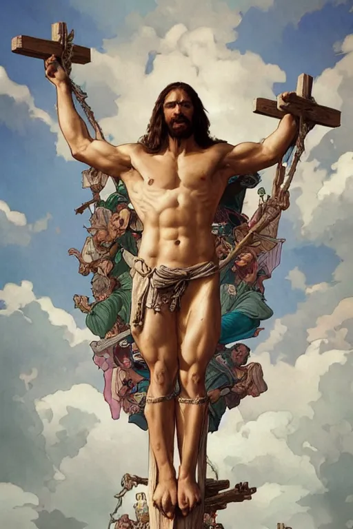 Image similar to crucified hulking herculean ogre jesus christ, masterpiece, intricate, elegant, highly detailed, digital painting, artstation, concept art, smooth, sharp focus, illustration, art by artgerm and greg rutkowski and alphonse mucha and uang guangjian and gil elvgren and sachin teng, symmetry!!