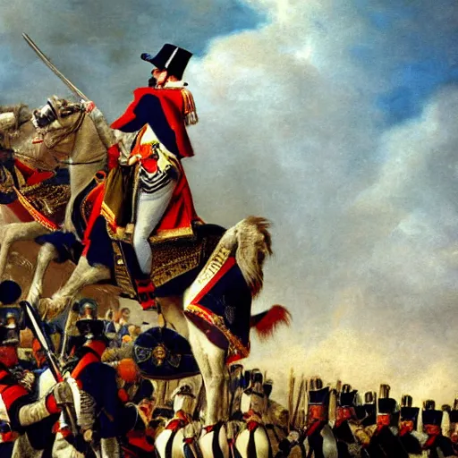 Image similar to napoleon standing on top of a cliff with an army marching next to him.