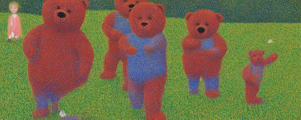 Prompt: teddy bear shakespeare in the park, from the terrifying and incomprehensible beyond, body horror, by david hockney, seurat