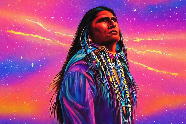 Image similar to digital art of a spiritual native american man looking up at the stars, acrylic art, universe, painting, pastel colors, synthwave, retro, cyberpunk,