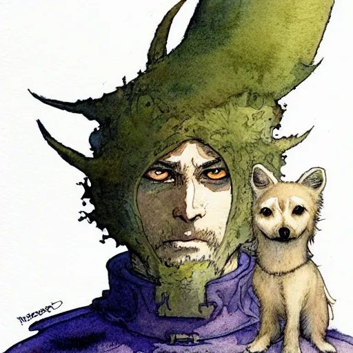 Image similar to a simple and atmospheric watercolour fantasy character concept art portrait of an android soldier with a pomeranian head as a druidic warrior wizard looking at the camera with an intelligent gaze, very muted colors, by rebecca guay, michael kaluta, charles vess and jean moebius giraud