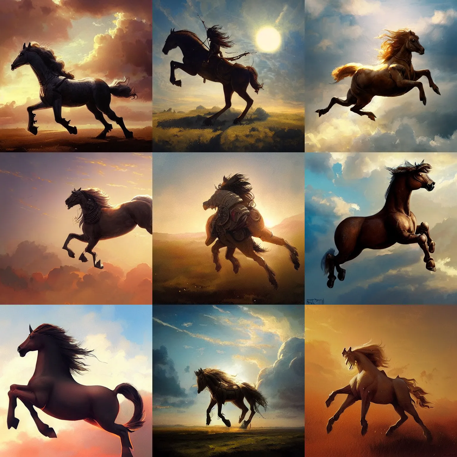 Prompt: “bio mechanical horse galloping on the clouds, golden hour, by Greg Rutkowski”