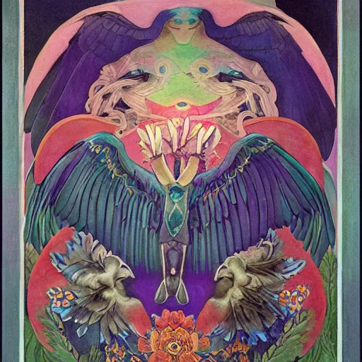 Image similar to the raven gods, by Annie Swynnerton and Nicholas Roerich and Diego Rivera, bioluminescent skin, tattoos, wings made out of flowers, elaborate costume, geometric ornament, symbolist, cool colors like blue and green and violet, smooth, sharp focus, extremely detailed