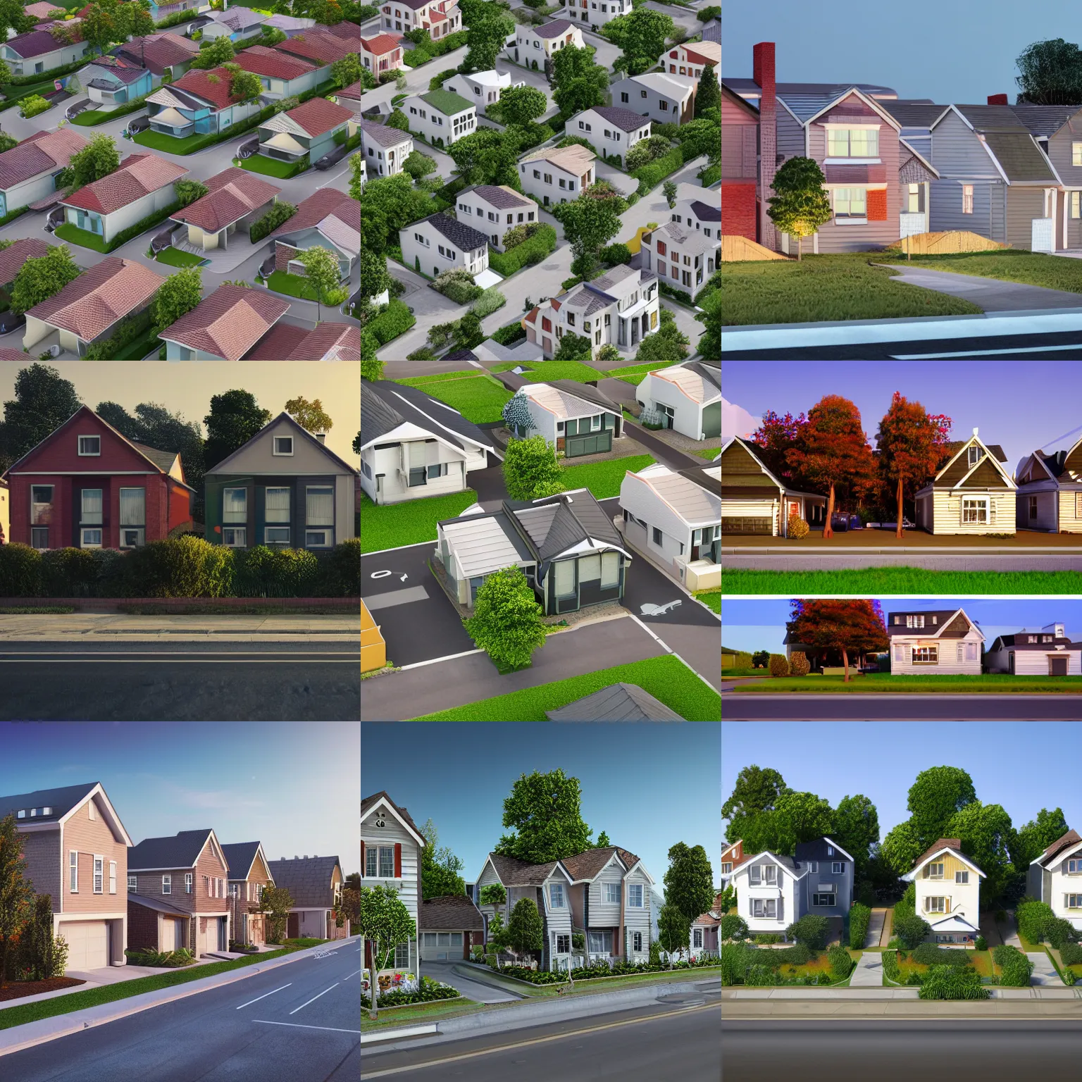 Prompt: a photo of suburban houses on a street. a house in the middle of them stands out and appears low - poly and 3 d render. award - winning photograph.