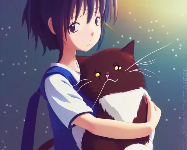 Image similar to anime fine details portrait of joyful girl hugging cat in school, bokeh. anime masterpiece by Studio Ghibli. 8k render, sharp high quality anime illustration in style of Ghibli, artstation