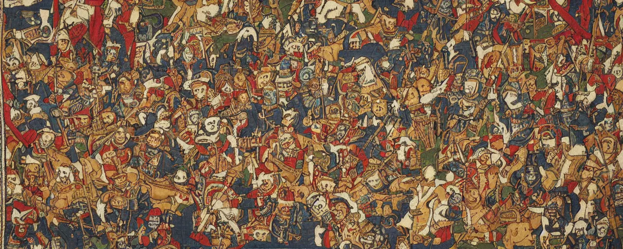 Image similar to the holy crusade of cats wariors, in the style of Middle Age tapestry, very detailed,