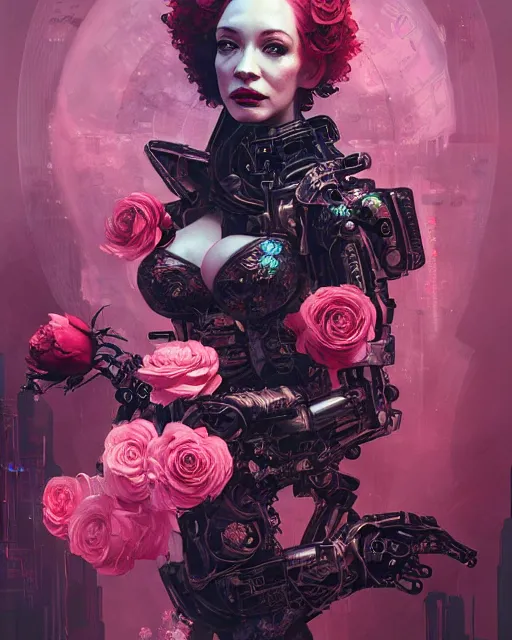 Image similar to portrait of christina hendricks with roses, baroque, cyberpunk cyborg. roses, sci - fi, intricate abstract upper body intricate artwork, by tooth wu, wlop, beeple, dan mumford. concept art, octane render, deviantart, greg rutkowski, cinematic arthouse, key art, hyper realism, iridescent accents