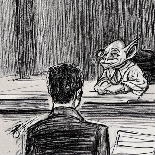 Prompt: a vivid courtroom sketch of a goblin testifying on trial,